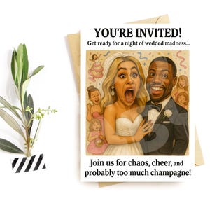 Divertente biglietto d'invito per matrimonio - Sposi e sposi caotici - Invito alla festa con champagne e follia