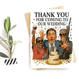Carte de remerciement de mariage amusante - Carte de groupe chaotique - Les invités du mariage sont devenus sauvages - Scène de fête hilarante - Humour sarcastique à la réception