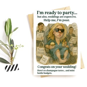 Cartão de casamento engraçado – Paródia com sabor de champanhe – Humor hilário para noivas com orçamento limitado – Parabéns pelo presente de casamento