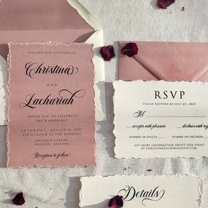 Invito di nozze rosa antico, sigillo di ceralacca, rosa e avorio, bordi strappati a mano, elegante invito di nozze, moderno invito di nozze stampato