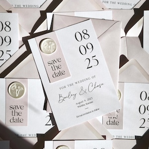 Save the Date Sello de cera rosa y blanco Save the Date Save the Date en rosa y blanco Save the Date Tarjeta Save the Date moderna y minimalista, Save the Date impresa