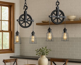 Farmhouse pulley light fixture for kitchen | industrial modern hanging lamp