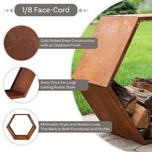 Puede incluir: Un moderno y elegante estante para le&ntilde;a de acero laminado en fr&iacute;o con acabado oxidado. El estante tiene 3 mm de grosor y est&aacute; dise&ntilde;ado para un estilo r&uacute;stico duradero. El texto de la imagen dice "1/8 Face-Cord".