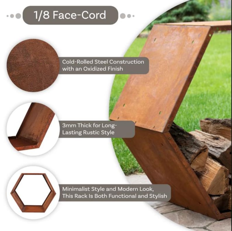 Puede incluir: Un moderno y elegante estante para le&ntilde;a de acero laminado en fr&iacute;o con acabado oxidado. El estante tiene 3 mm de grosor y est&aacute; dise&ntilde;ado para un estilo r&uacute;stico duradero. El texto de la imagen dice "1/8 Face-Cord".