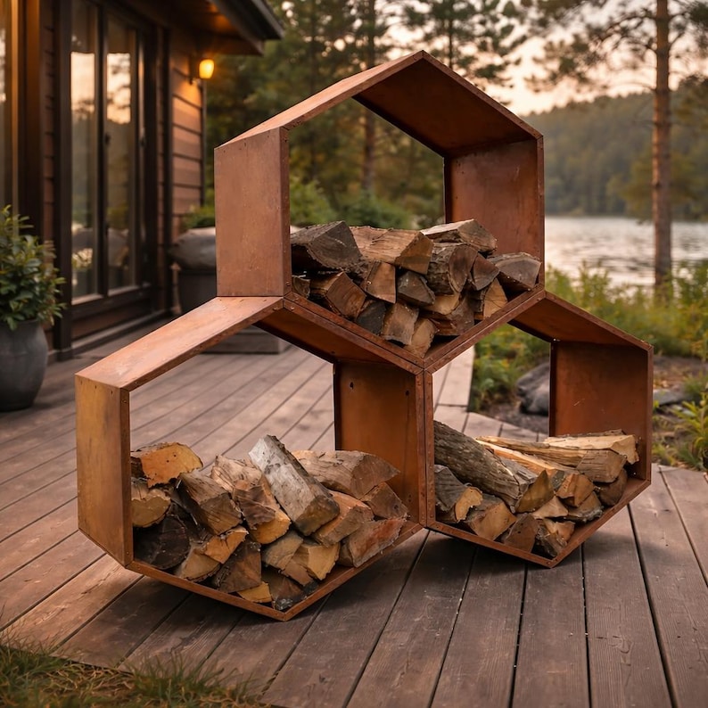 Puede incluir: Un le&ntilde;ero de metal oxidado de forma geom&eacute;trica, con tres compartimentos hexagonales. Cada compartimento est&aacute; lleno de troncos cortados. El le&ntilde;ero est&aacute; al aire libre, sobre una terraza de madera, con un lago y &aacute;rboles al fondo.