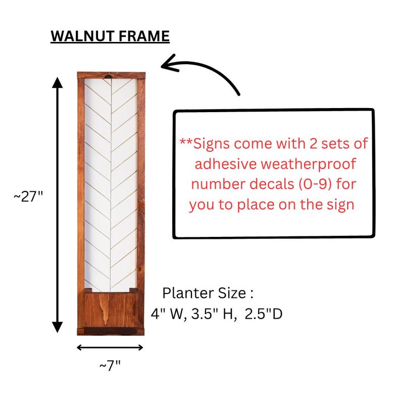 Vertical Address Sign Planter: Modern House Number Plaque Walnut+Number Decals