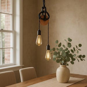 May include: A two-bulb pendant light fitting with Edison bulbs hangs above a wooden dining table. The fixture has a black chain, pulley, and wooden detail. A vase with greenery sits on the table, adding a natural touch to the room.