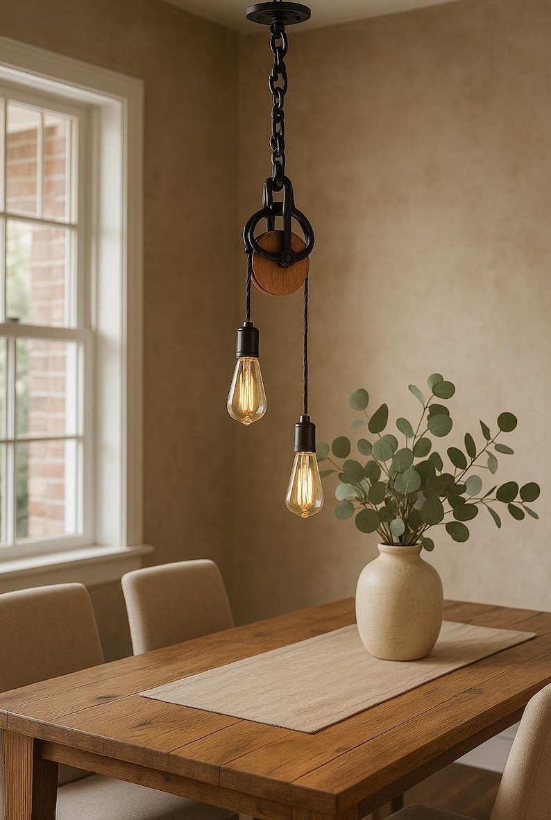 May include: A two-bulb pendant light fitting with Edison bulbs hangs above a wooden dining table. The fixture has a black chain, pulley, and wooden detail. A vase with greenery sits on the table, adding a natural touch to the room.