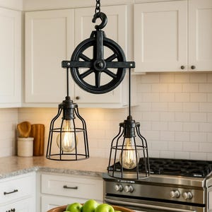 May include: Two black, industrial-style pendant lights with a pulley system. The lights have a cage design around the bulbs, suspended from a chain. The kitchen setting includes white cabinets, a stainless steel cooker, and a wooden bowl of green apples.