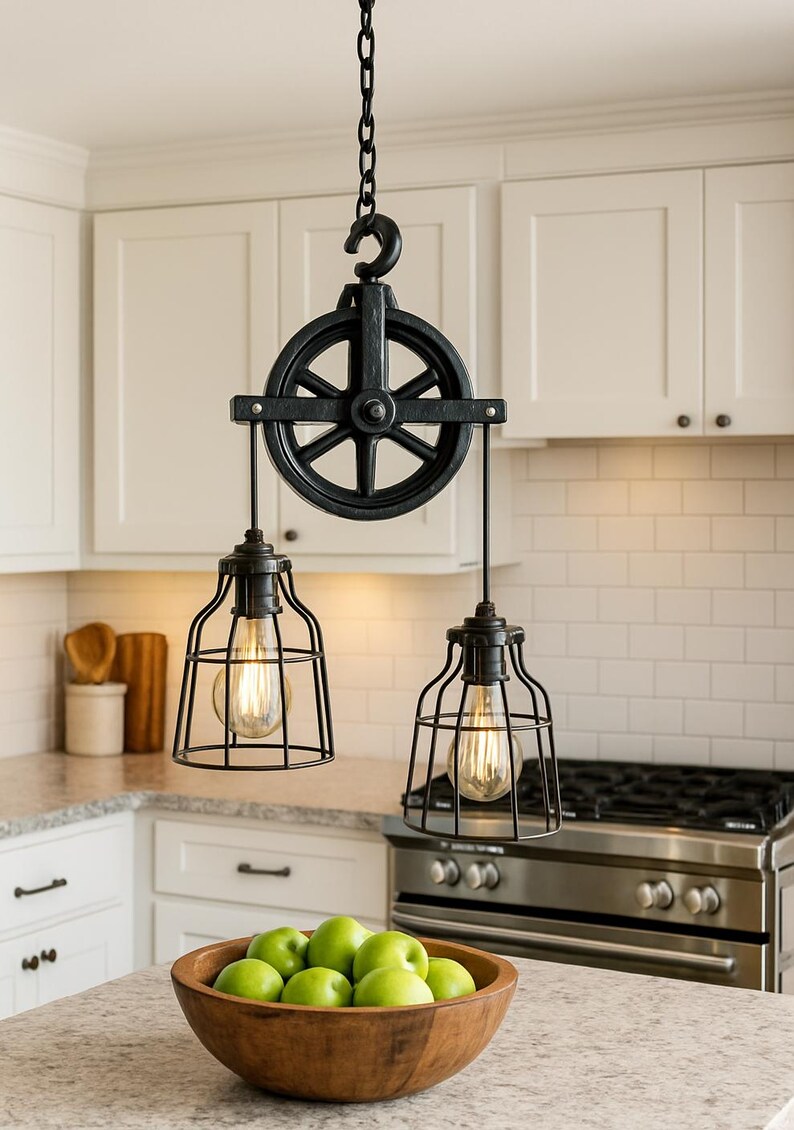 May include: Two black, industrial-style pendant lights with a pulley system. The lights have a cage design around the bulbs, suspended from a chain. The kitchen setting includes white cabinets, a stainless steel cooker, and a wooden bowl of green apples.