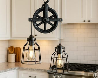 Farmhouse Pulley Light Fixture for Kitchen | Industrial Modern Hanging Lamp