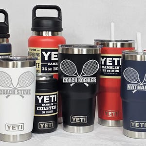 YETI Personalized TENNIS - Player, Coach Gift. Laser Engraved Tumblers, Straw Mugs with Handles, Can Colsters and Bottles - select color