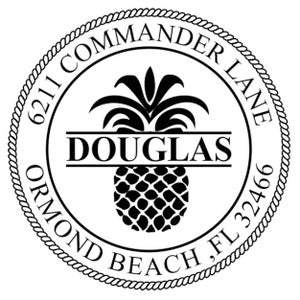 May include: Black and white illustration of a pineapple with the text "DOUGLAS" in a banner above it. The pineapple is surrounded by a rope-like circle with the text "6211 COMMANDER LANE ORMOND BEACH, FL 32466".