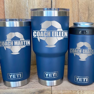 YETI Stainless Steel Tumbler Laser Engraved 20 or 30 oz and Colsters - Personalized Soccer Ball - Player Coach Gift, Select Color