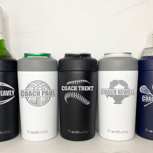 Frost Buddy Can Cooler, Fits ALL 12 and 16 oz. Cans and Bottles, Personalized, Laser Engraved, Sports Coach or Player Gift, Multiple Colors