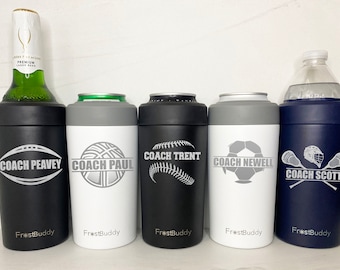 Frost Buddy Can Cooler, Fits ALL 12 and 16 oz. Cans and Bottles, Personalized, Laser Engraved, Sports Coach or Player Gift, Multiple Colors