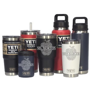 Personalized TEACHER APPRECIATION Laser Engraved YETI Tumblers, Mugs with Handles, Can Colsters, and Chug Bottles, select color
