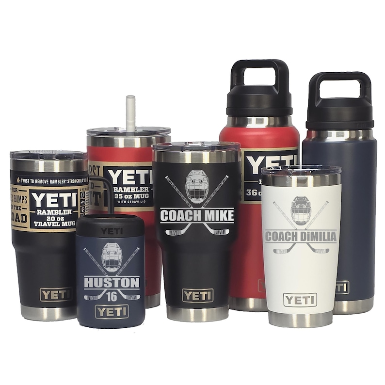 YETI Personalized HOCKEY Player, Coach Gift - Laser Engraved Tumblers, Mugs with Handles, Can Colsters and Bottles, select colors image 1