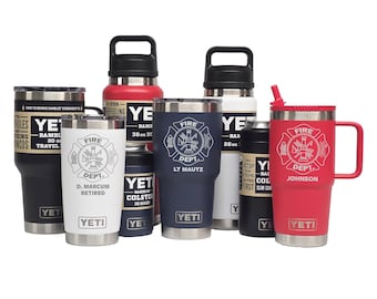 Personalized FIRE DEPARTMENT Shield - Laser Engraved YETI Tumblers, Mugs with Handles, Can Colsters and Bottles, Select from 4 colors
