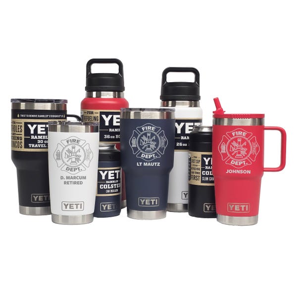 Personalized FIRE DEPARTMENT Shield - Laser Engraved YETI Tumblers, Mugs with Handles, Can Colsters and Bottles, Select from 4 colors
