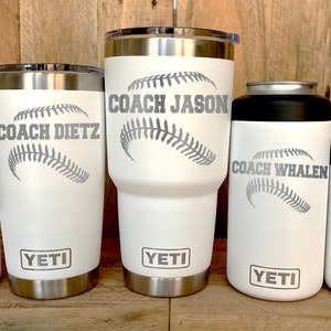 YETI Stainless Steel Tumbler Laser Engraved 20 or 30 oz. and Can Colsters - Personalized Baseball/Softball Player, Coach gift, Select Color