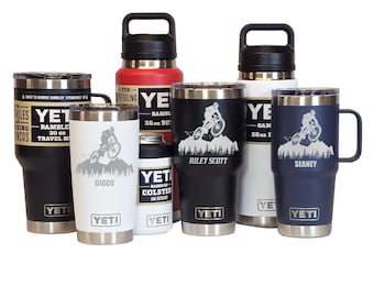 Personalized MOUNTAIN BIKE, Mountain Biking, Cyclist Laser Engraved Tumblers, Mugs, Can Colsters, and Chug Bottles, Select Color