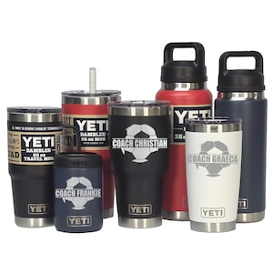 YETI Personalized SOCCER Ball - Player, Coach Gift, Laser Engraved Tumblers, Straw Mugs with Handles, Can Colsters and Bottles, Select Color
