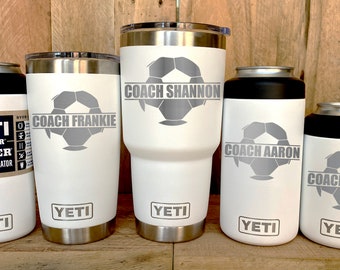 YETI Stainless Steel Tumbler Laser Engraved 20 or 30 oz and Can Colsters - Personalized Soccer Ball - Player Coach Gift, Select Color