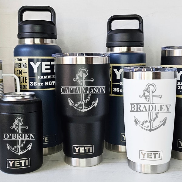 YETI Personalized ANCHOR, Nautical, Sailing Gift - Laser Engraved Tumblers, Straw Mugs with Handles, Can Colsters, and Bottles. Select color