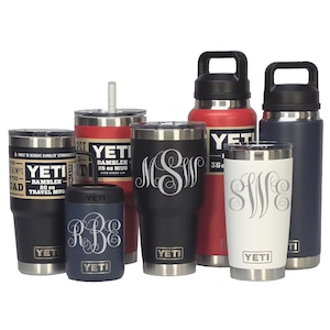 Personalized FANCY VINES Monogram, Laser Engraved YETI Tumblers, Mugs with Handles, Chug Bottles, and Can Colsters, select color