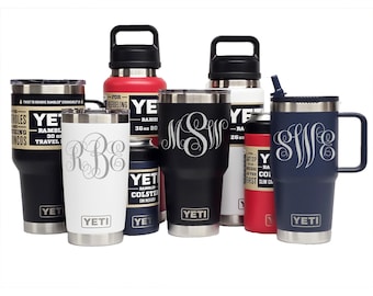 Personalized FANCY VINES Monogram, Laser Engraved YETI Tumblers, Mugs with Handles, Chug Bottles, and Can Colsters, select color