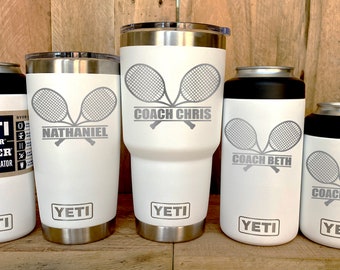 YETI Stainless Steel Tumbler Laser Engraved 20 or 30 oz and Can Colsters - Personalized TENNIS - Player, Coach, multiple colors available