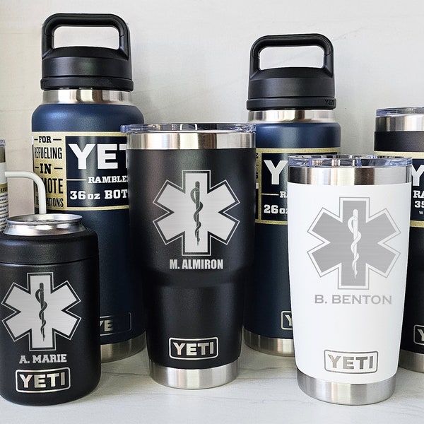 YETI Tumblers, Mugs with Handles, Can Colsters and Bottles - Laser Engraved Personalized EMT, Paramedic, EMS Gift, Avail. in multiple colors
