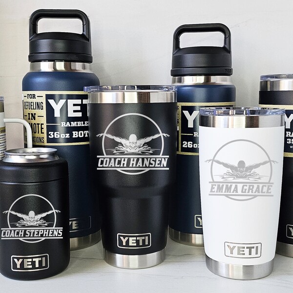 YETI Personalized SWIMMING Coach, SWIMMER Gift, Laser Engraved Tumblers, Can Colsters and Bottles, Available in Black, White, and Navy