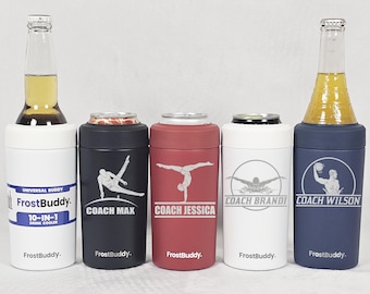May include: Five insulated beverage holders with different designs. Each holder features a white background with a black, red, or blue accent color. The holders have a white FrostBuddy logo and text that reads "Coach Max", "Coach Jessica", "Coach Brandi", and "Coach Wilson".