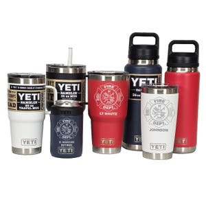 Personalized FIRE DEPARTMENT Shield - Laser Engraved YETI Tumblers, Mugs with Handles, Can Colsters and Bottles, Select from 4 colors