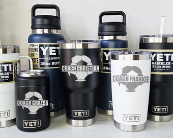 YETI Personalized SOCCER Ball - Player, Coach Gift, Laser Engraved Tumblers, Straw Mugs with Handles, Can Colsters and Bottles, Select Color