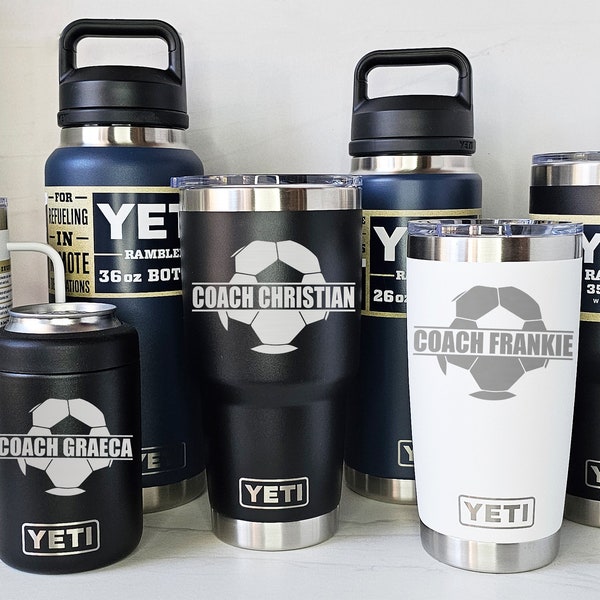 YETI Personalized SOCCER Ball - Player, Coach Gift, Laser Engraved Tumblers, Straw Mugs with Handles, Can Colsters and Bottles, Select Color