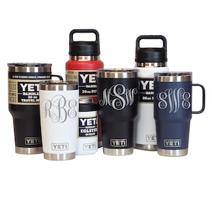 Personalized FANCY VINES Monogram, Laser Engraved YETI Tumblers, Mugs with Handles, Chug Bottles, and Can Colsters, select color
