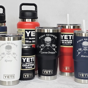 Personalized FISH REAPER, fishing, Laser Engraved YETI Tumblers, Straw Mugs with Handles, Chug Bottles, and Can Colsters, select color