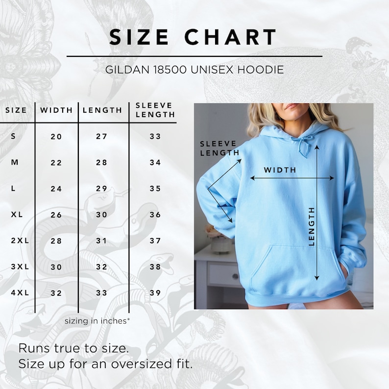 Puede incluir: Sudadera con capucha unisex Gildan 18500 azul claro con una tabla de tallas. La tabla muestra medidas en pulgadas para el ancho, largo y largo de manga, desde la talla S hasta la 4XL. El texto dice: "Fiel a la talla. Elige una talla m&aacute;s para un ajuste oversize."