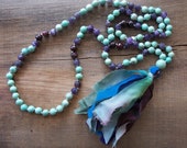 108 Bead Traditional Style Mala Tassel Necklace Rainforest Agate Amethyst Garnet Hand Knotted w Boho Silk Fabric Tassle 8mm