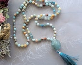 108 Bead Traditional Style Mala Faceted Amazonite Apatite Tassel Necklace Hand Knotted w Large Aquamarine Gemstone Guru Bead