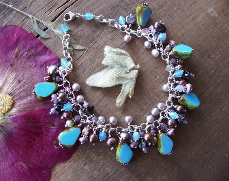 Earth Tones Purple Czech Glass /& Freshwater Pearl Beads ~ Sterling Silver Chain ~ Dangle Charm Bracelet ~ Adjustable ~ Blue