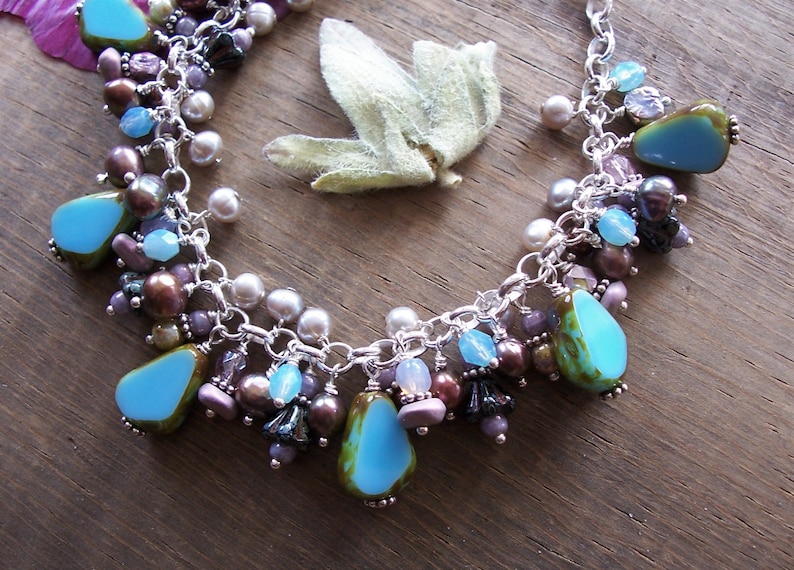 Earth Tones Purple Czech Glass /& Freshwater Pearl Beads ~ Sterling Silver Chain ~ Dangle Charm Bracelet ~ Adjustable ~ Blue