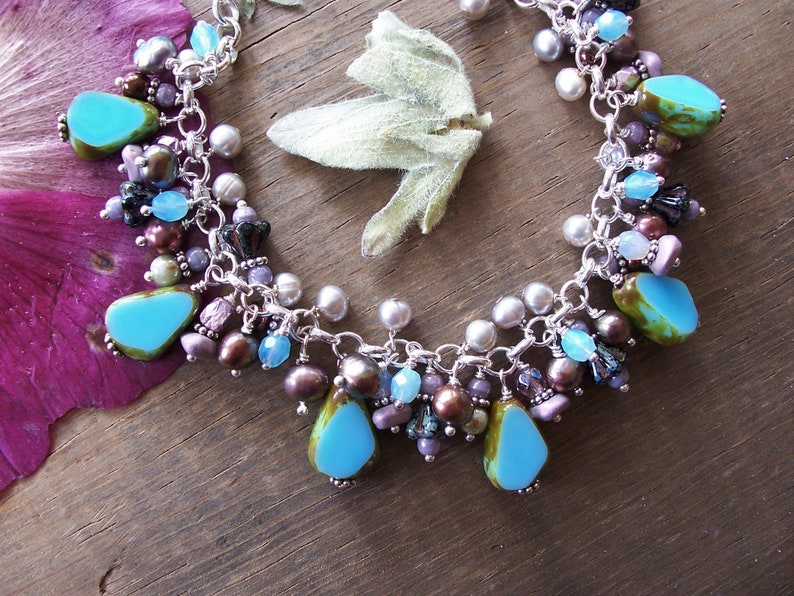Earth Tones Purple Czech Glass /& Freshwater Pearl Beads ~ Sterling Silver Chain ~ Dangle Charm Bracelet ~ Adjustable ~ Blue