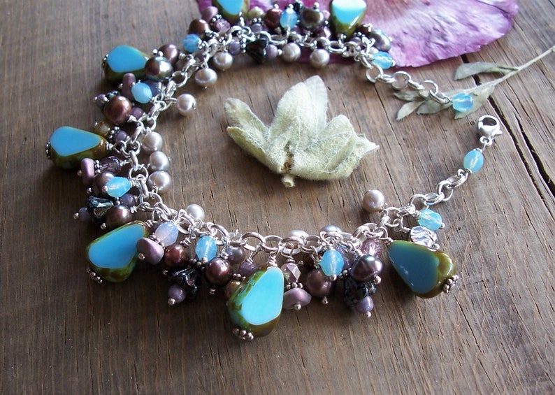 Earth Tones Purple Czech Glass /& Freshwater Pearl Beads ~ Sterling Silver Chain ~ Dangle Charm Bracelet ~ Adjustable ~ Blue