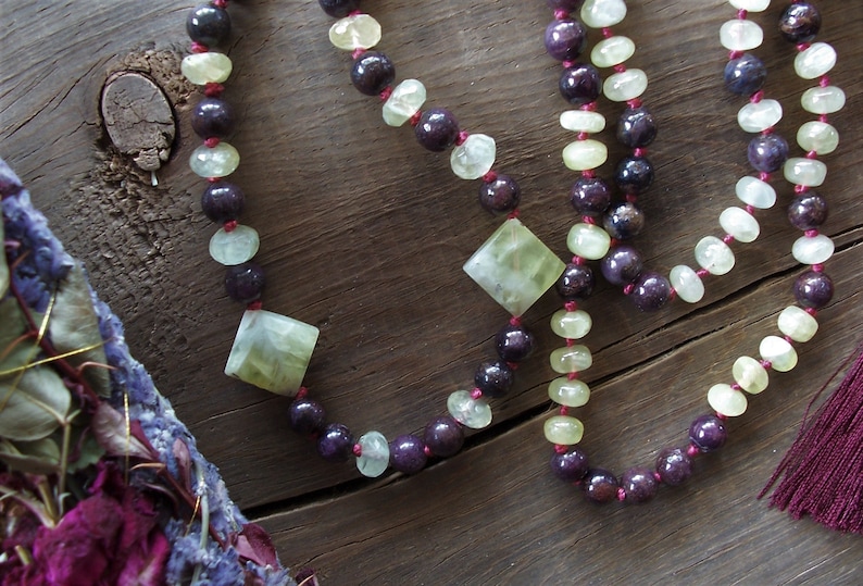 108 Bead Mala ~ Tassel Necklace ~ Star Ruby ~ Lemon Prehnite ~ Hand Knotted ~ Silk Lux Tassel ~ 34 Length