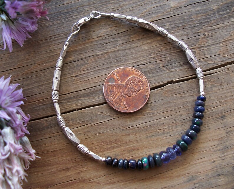 Ethiopian Opal /& Iolite Gemstone Rondelles with Thai Hill Tribe Fine Silver Bracelet ~ 7.25 Length ~ Black Purple Blue