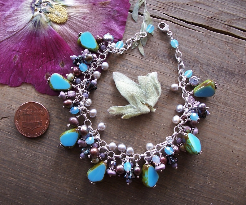 Earth Tones Purple Czech Glass /& Freshwater Pearl Beads ~ Sterling Silver Chain ~ Dangle Charm Bracelet ~ Adjustable ~ Blue